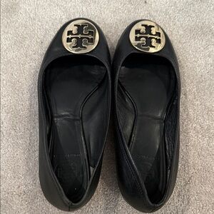 Tory Burch Black Flats with Gold Emblem